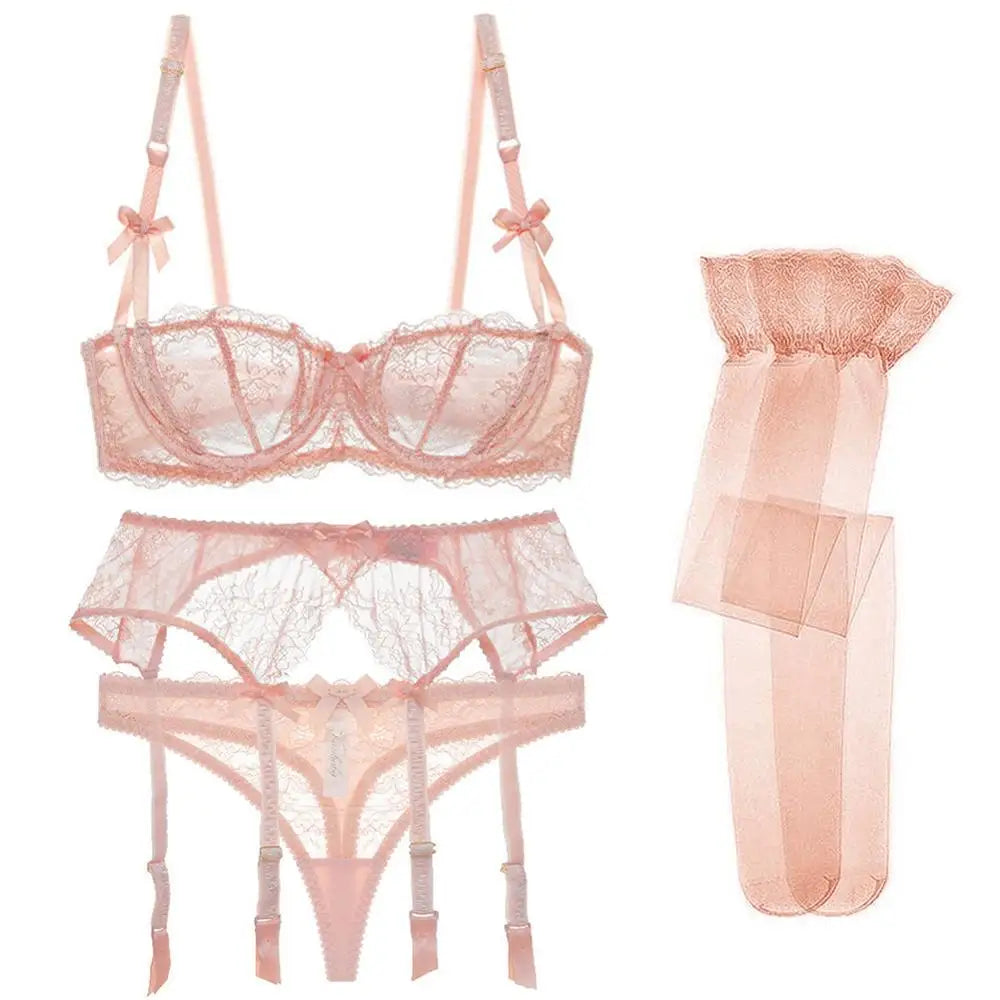 CYHWR Luxury Half Cup Lace Transparent Sexy Lingerie Ultra-thin Solid Shell Style 4 Pieces/Lots Bra Set and Garter and Stocking