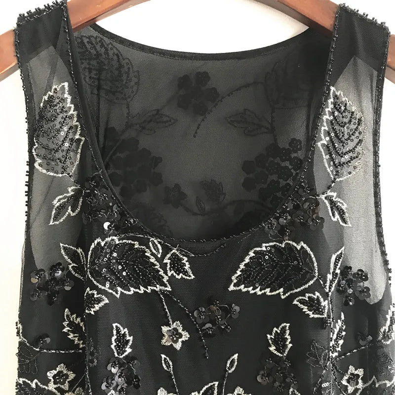 Women Floral Beaded Loose Vest Sleeveless Shirt Summer U-Neck Flowers Embroidered Sequined Chiffon Blouses Shiny Gauze Tank Tops