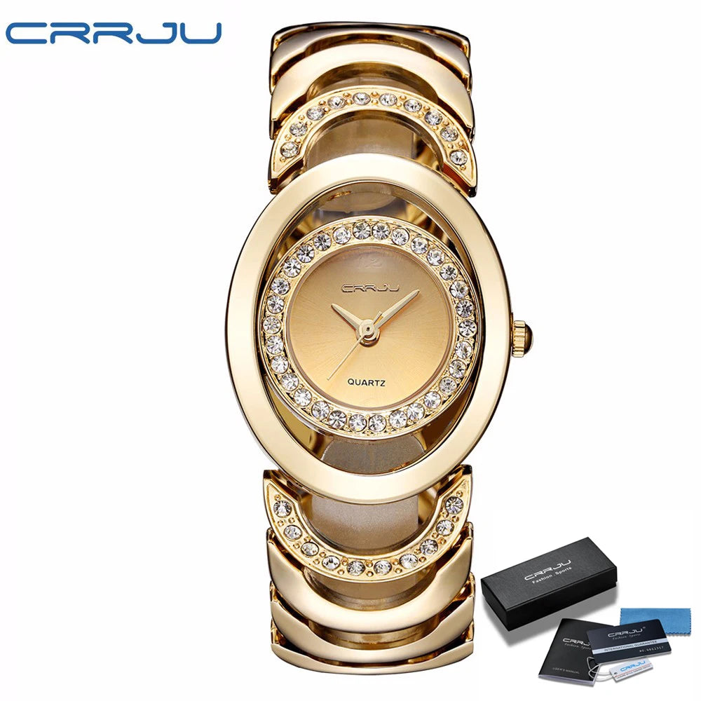 Damen-Uhr 2025: CRRJU Gold Watch Women Luxury Brand bracelet Ladies Quartz-Watch - Gifts For Girl Full Stainless Steel Rhinestone wristwatches whatch Collection