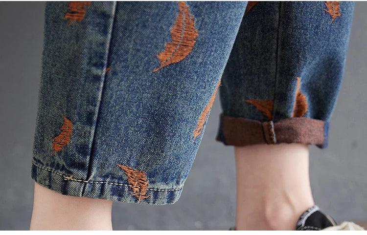 Jeans For Women Spring Street Feather Embroidery Color Contrast Loose Thin Drawstring Pockets Elastic Waist Denim Pants Female - Golden Bridge Store