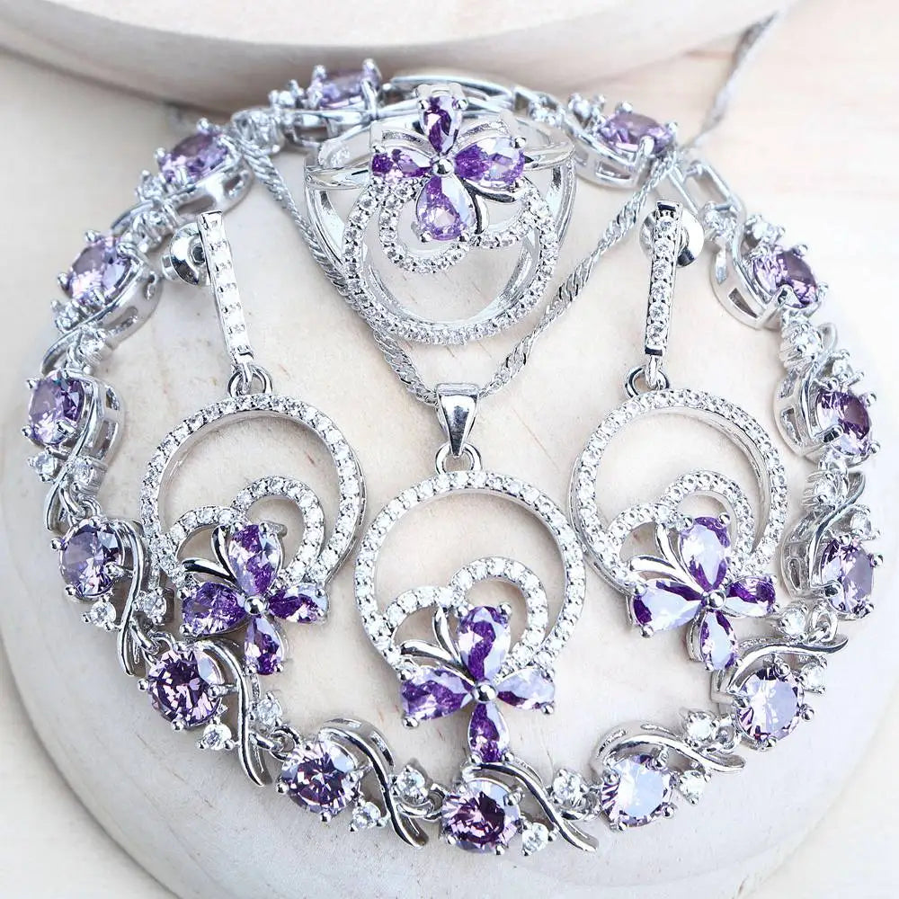 Lila Zirkonia Silber 925 Braut Schmuck Sets - Für Damen Kostüm Schmuck Armbänder - Hochzeit Ringe Ohrringe Anhänger Halskette