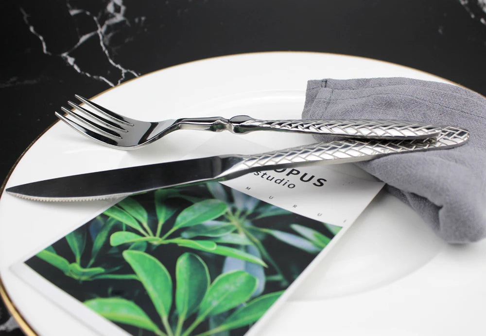 LUCF Royal Luxury 2025 - Gewebtes Muster Griff Spiegel Edelstahl Geschirr - Elegantes Besteck Delikates Tafelgeschirr Küche Hotel