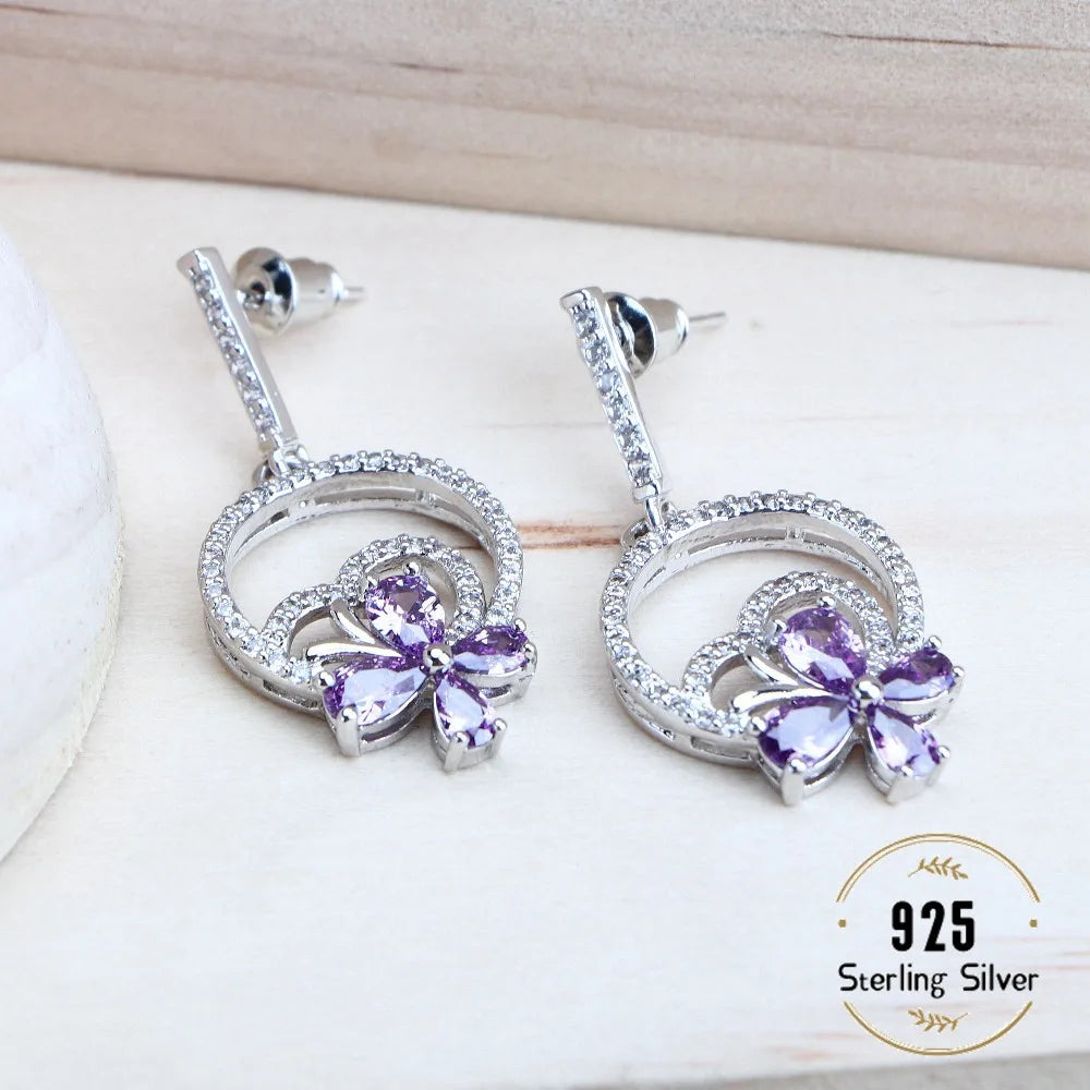 Lila Zirkonia Silber 925 Braut Schmuck Sets - Für Damen Kostüm Schmuck Armbänder - Hochzeit Ringe Ohrringe Anhänger Halskette