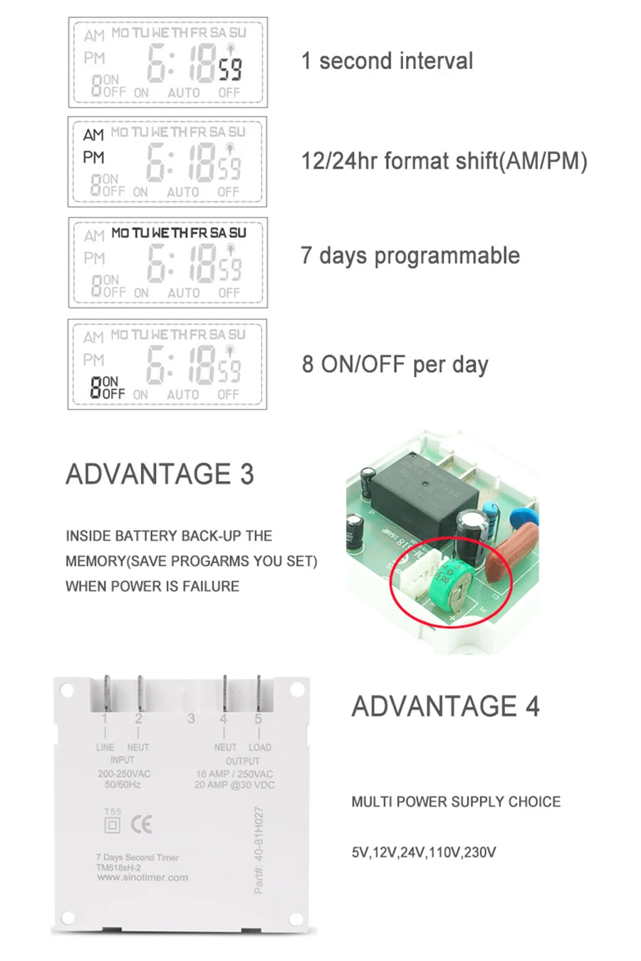 TM618SH 1 Second Interval 5V 12V 24V 110V 220V Digital LCD Timer Switch 7 Days Weekly Programmable Time Relay With Countdown