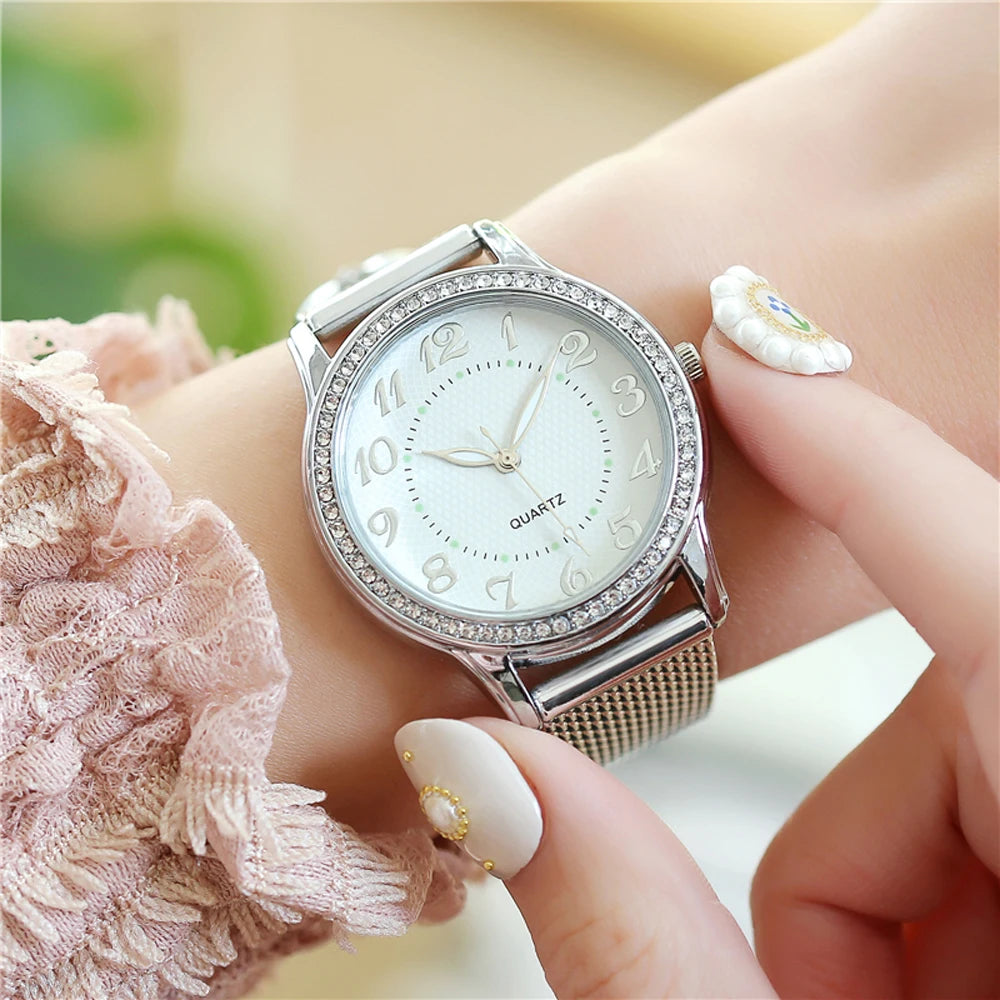 Women Watches Luxury Mesh Band Bracelet Rose Gold Inlaid Crystal Fashion New