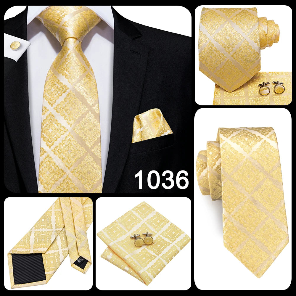 Set de cravate bărbătești din mătase Hi-Tie, model floral, cravate și batiste aurii galbene, set de butoni, costum de nuntă pentru bărbați, cravată la modă C-3053