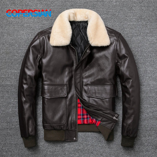 Air Force Flight Jacket Fur Collar Genuine Top Layer Cow Leather Jacket Men Black Brown Cow Coat Men's Winter Jacket