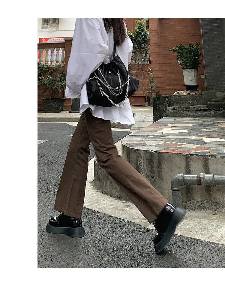 Blugi pentru femei 2025 - Denim maro, stil coreean, stil bootcut, asortat, stil stradal