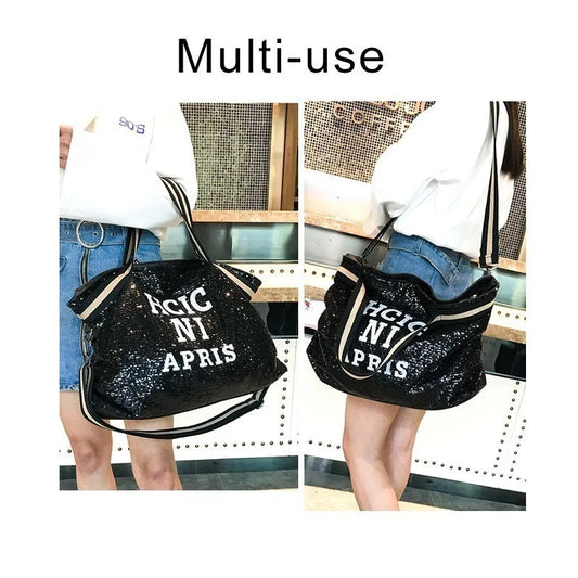 Casual Women Bling Sequins Shoulder Bags Big Capacity Female Handbag For Lady Travel Large Tote Letter Printed Crossbody Bags