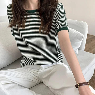 T Shirt For Women 2023 Tops Mujer Striped Short Sleeve Summer Korean Fashion T-shirts Casual O Neck Tshirts Tee Shirt Femme Top