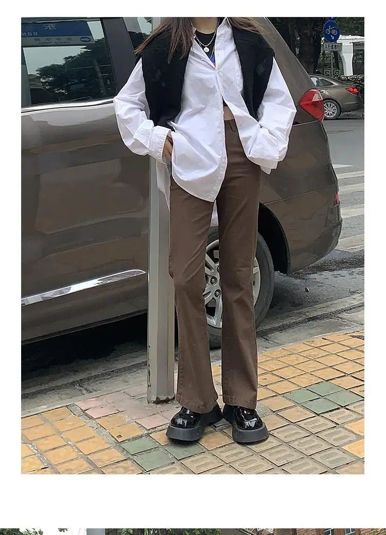 Blugi pentru femei 2025 - Denim maro, stil coreean, stil bootcut, asortat, stil stradal