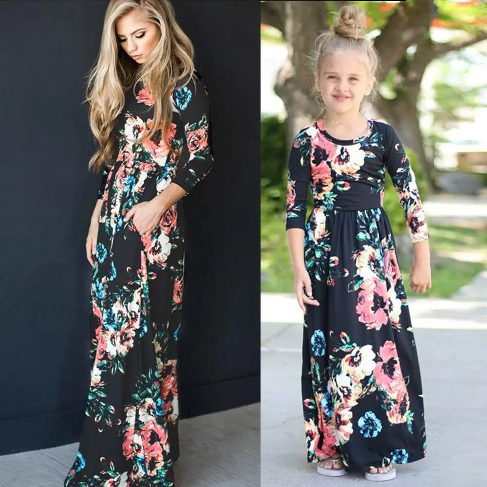 Mother daughter Dresses Floral Nine Quarter Bohemia Long Dress Casual Sundress For Mom & daughter Dress Family Matching clothes