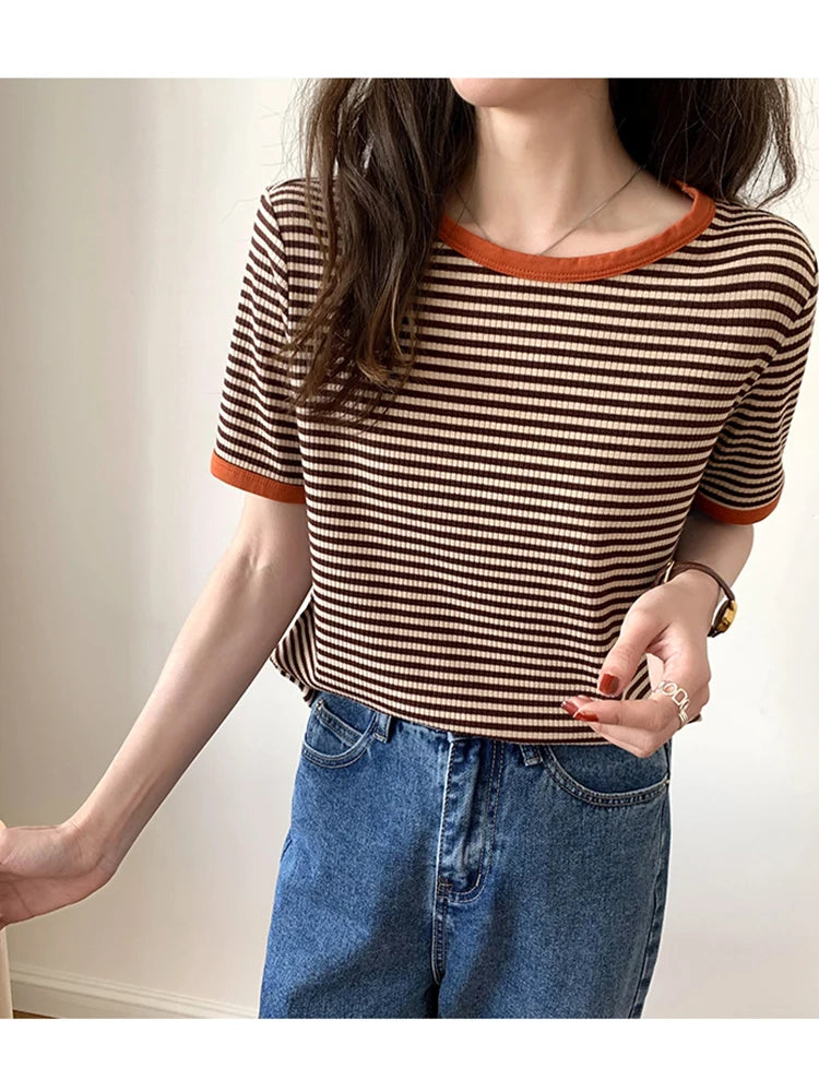 T Shirt For Women 2023 Tops Mujer Striped Short Sleeve Summer Korean Fashion T-shirts Casual O Neck Tshirts Tee Shirt Femme Top