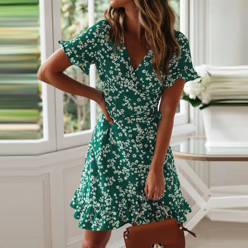 Boho Floral Print Ruffles Women Dress Summer Sexy V Neck Short Sleeve A Line Chiffon Mini Dresses Beach Vacation Sundress