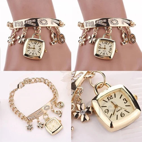 Uhr Frauen Frauen Love Letters Strass Eingelegte Kette Armband Blume Anhänger Handgelenk Uhr Reloj Mujer Damen Kleid Uhren Geschenk