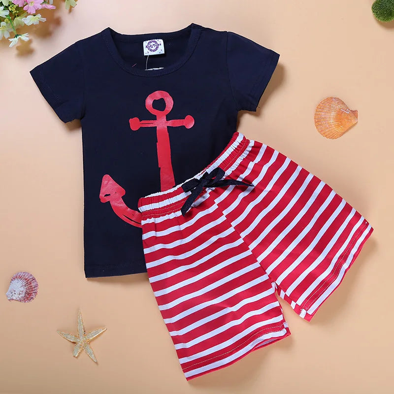 Casual Baby Boys Clothes Suits Summer Sailor Children T-Shirt Stripe Short Pants Sets 100% Cotton Kids Sea Navy Anchor Tee Shirt