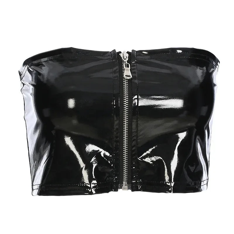 Black Women elegant Wet Look Faux Leather PVC Vinyl Shiny Zipper Bandeau Bra Tube Bandage Bralet Crop Tank Top Bralette Bustier - Golden Bridge Store