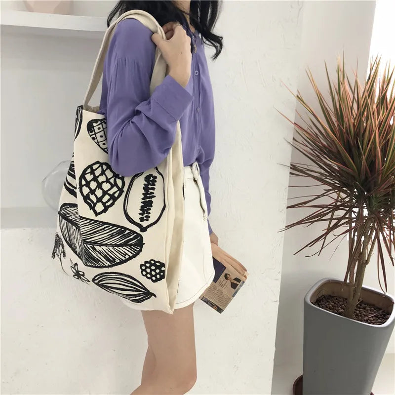Frauen Canvas Schultertasche Blattmuster Damen Große Einkaufstaschen Eco Baumwolle Leinenstoff Große Handtasche Cute Books Tote Für Mädchen - Golden Bridge Store