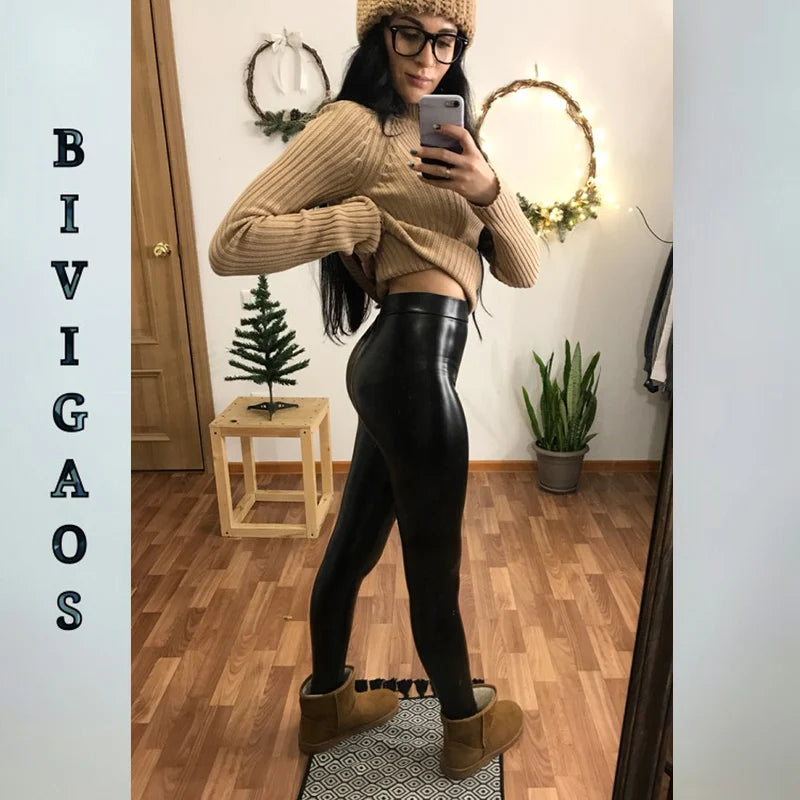 BIVIGAOS Mode PU-Leder Leggings - Hohe Taille, Fleece, S-XL