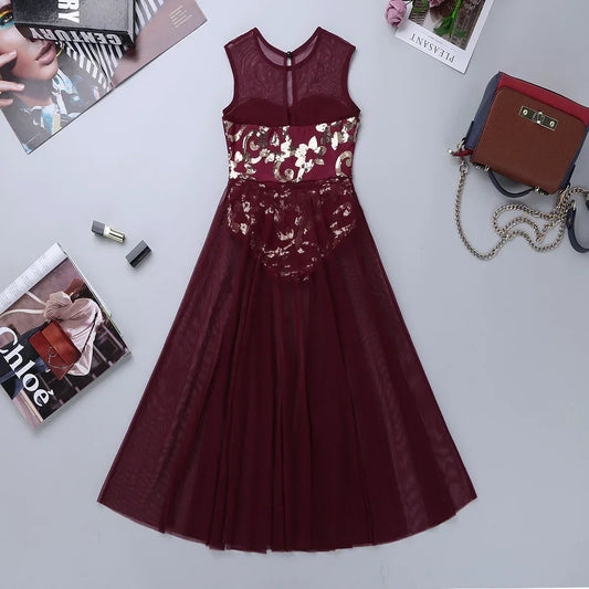 Kids Dance Dress Girls Floral Sequins Leotard Maxi Skirt Ballroom Ballet Dress Elegant Dancewear Modern Lyrical Dance Costume - Golden Bridge Store