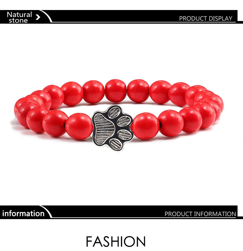 Natural Matte Black Lava Volcanic Stone Paw Print Charm Bracelet Homme Femme Pet Memorial Cat Dog Lovers Jewelry Bracelets Gifts