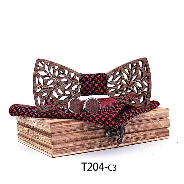 Mahoosive Fashion Mens Handmade handkerchiefs Wood and Cufflinks Wooden Bow Tie Pre-tied Bowtie For Wedding Party Wood Gift Box