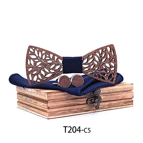 Mahoosive Fashion Mens Handmade handkerchiefs Wood and Cufflinks Wooden Bow Tie Pre-tied Bowtie For Wedding Party Wood Gift Box