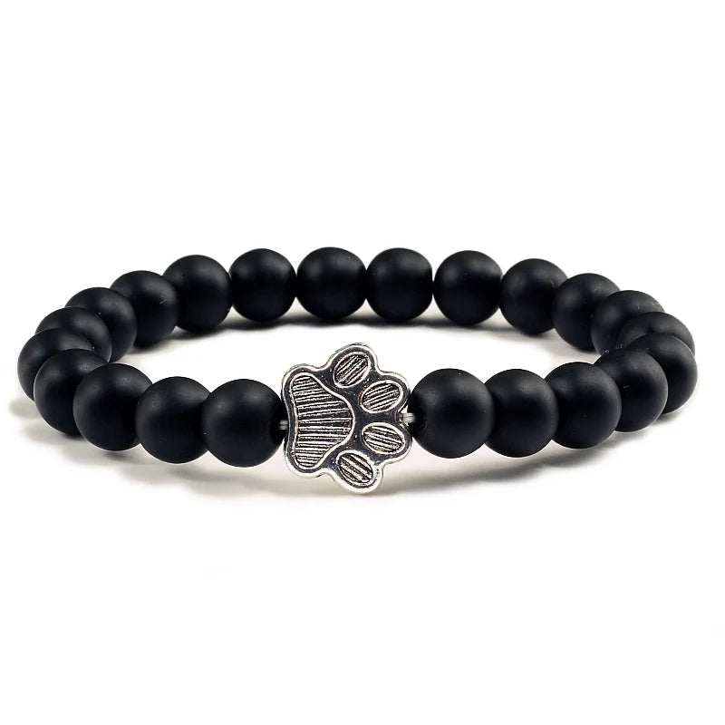 Natürlich Matt Schwarz Lava Vulkanstein: Reliatonny Pfoten Druck Armband Homme Femme - Haustier Gedenkstätte Katze Hund Liebhaber Schmuck Unisex Strand