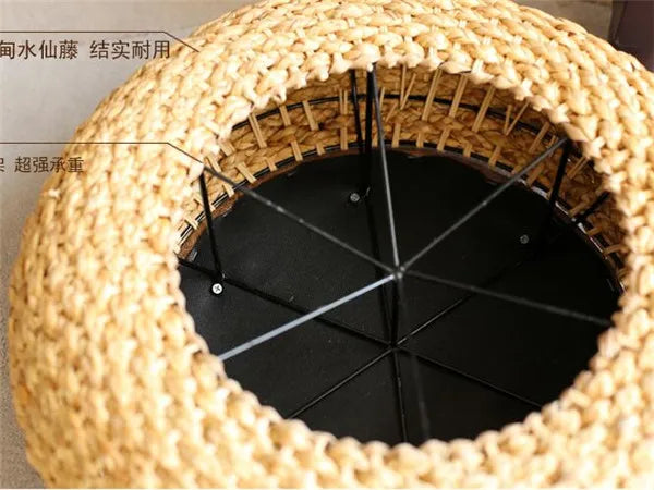 Modern Knitted Round Pouf Ottoman Stool W/PU Leather Seat Pad Floor Yoga Meditation Cushion Straw Rusitc Tatami Pouf Furniture
