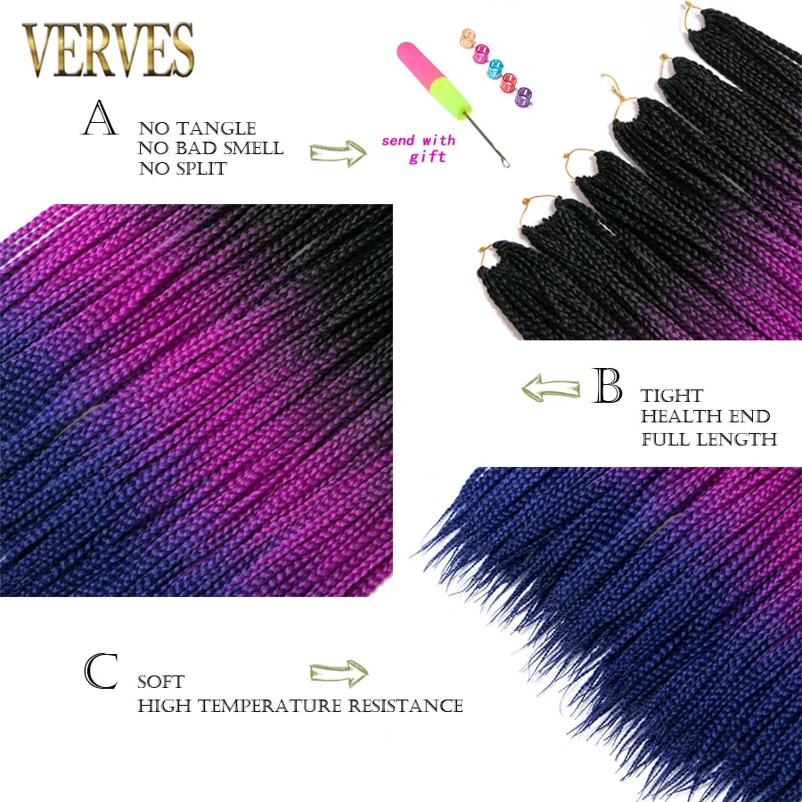VERVES Crochet Braids Sintetice 24 inch Box Braid 22 Rădăcini/Buc Extensii de Păr Ombre Împletitură de Păr Fibră Călduroasă Împletitură Vrac Roz, Negru