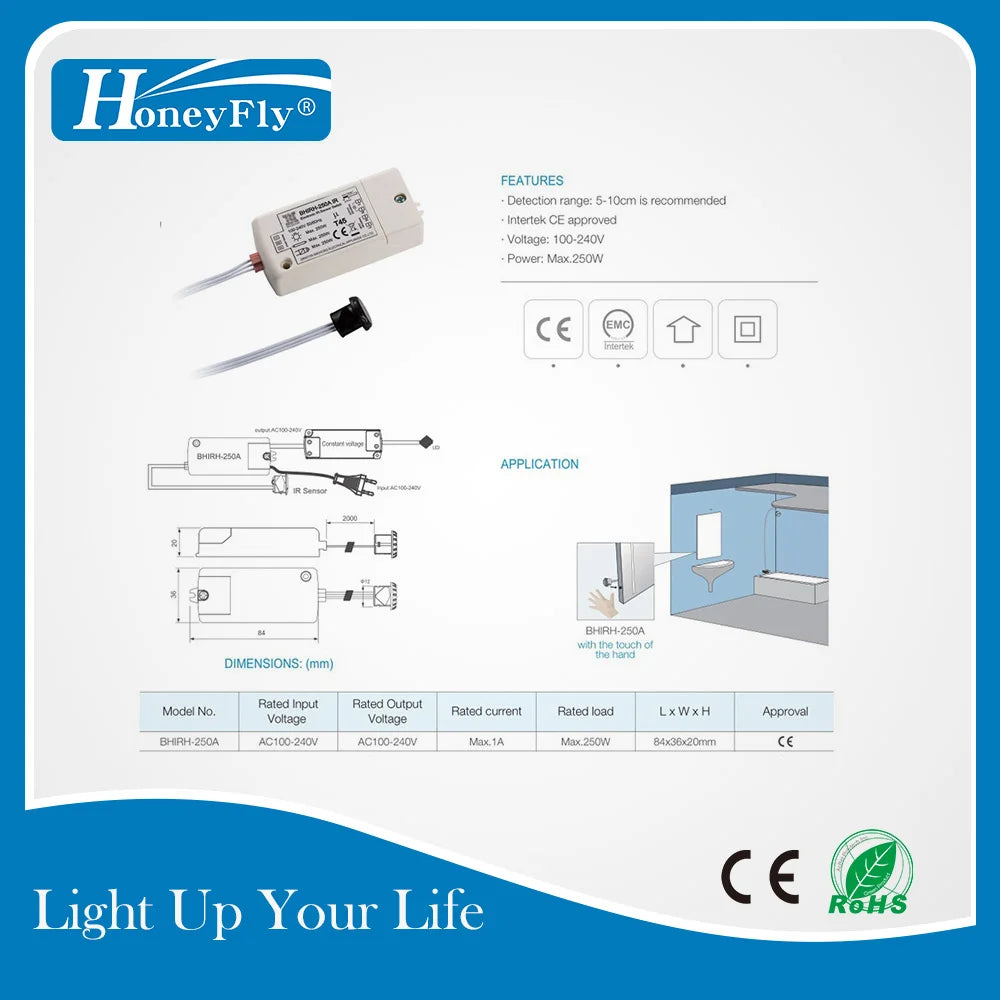 HoneyFly IR Bewegungsmelder Schalter 250W - Infrarot Sensor für automatische Beleuchtung