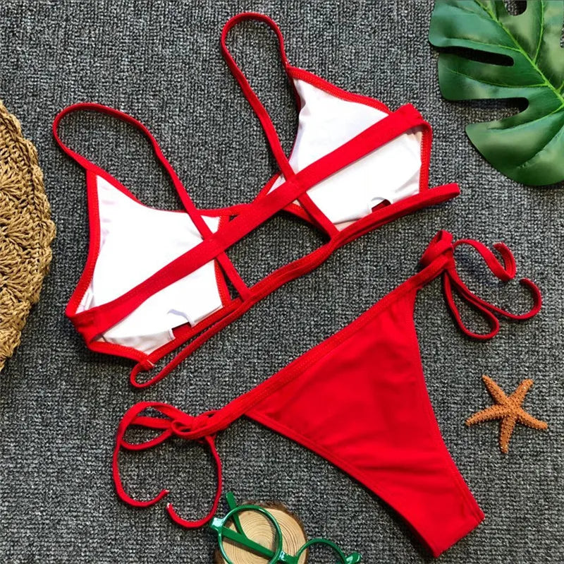 Ausgehöhlter Roter Elegant Bikini Set 2025: Vigorashely String Verbesserte Unterstützung Wire-Free - Tanga Brazilian Triangle Halter Patchwork