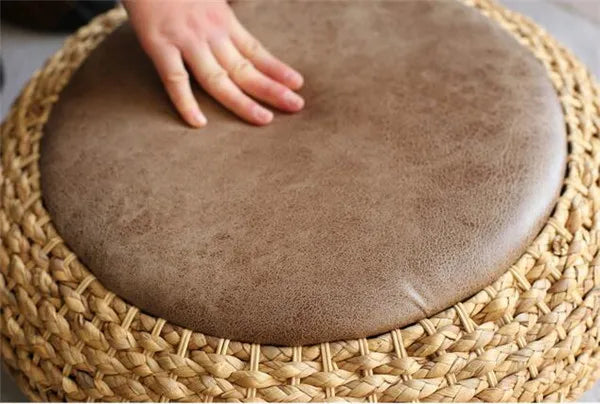 Modern Knitted Round Pouf Ottoman Stool W/PU Leather Seat Pad Floor Yoga Meditation Cushion Straw Rusitc Tatami Pouf Furniture