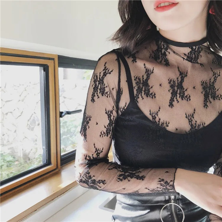 Summer Women Lace Floral Embroidery Blouses Shirt Ladies tops elegant mesh Blouses Transparent Elegant See-through Black Shirt