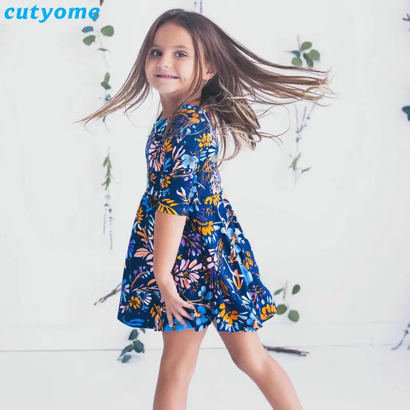 Mother Daughter Dresses Floral Print Half Sleeve Blue Dress Family Matching Outfits Mother/Mom and Daughter Dresses Clothes