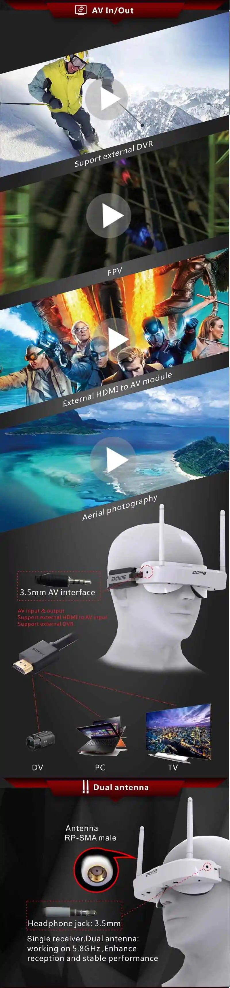 Ochelari FPV 2025 - Eachine EV100 720*540 5.8G 72CH pentru drone RC