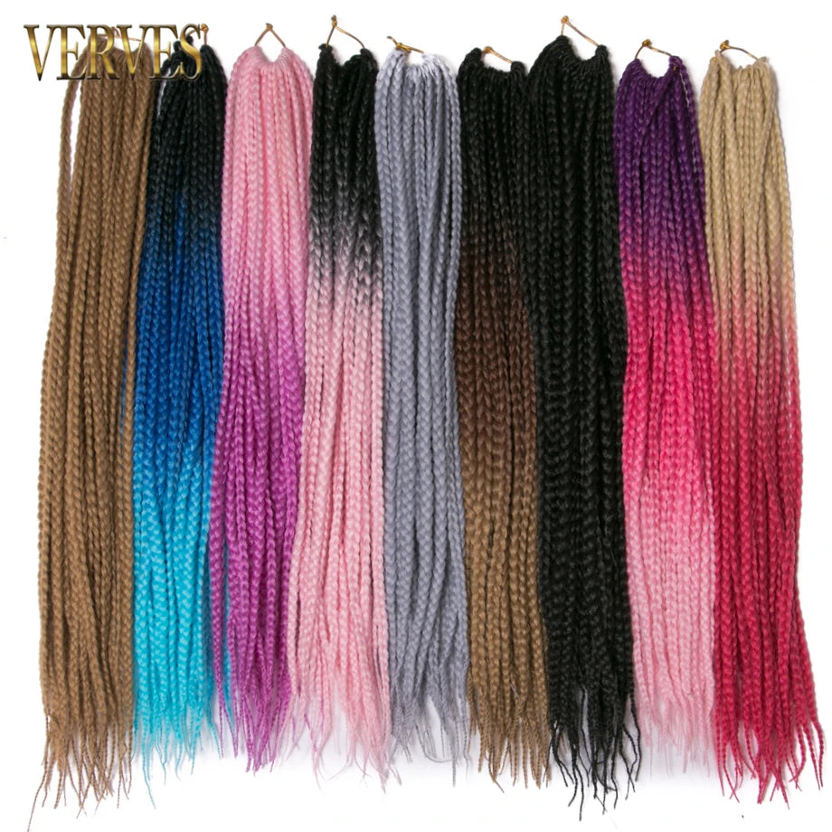 VERVES Crochet Braids Synthetic 24 inch Box Braid 22 Roots/Pcs Ombre Braiding Hair Extensions Heat Fiber Bulk Braid Pink,Black