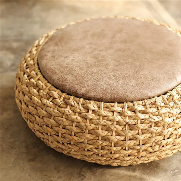 Modern Knitted Round Pouf Ottoman Stool W/PU Leather Seat Pad Floor Yoga Meditation Cushion Straw Rusitc Tatami Pouf Furniture