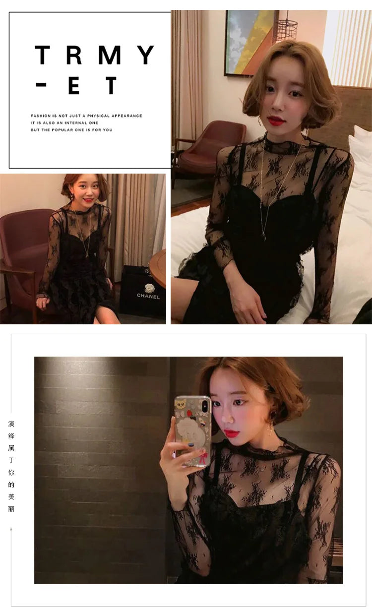Summer Women Lace Floral Embroidery Blouses Shirt Ladies tops elegant mesh Blouses Transparent Elegant See-through Black Shirt