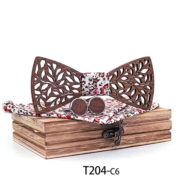 Mahoosive Fashion Mens Handmade handkerchiefs Wood and Cufflinks Wooden Bow Tie Pre-tied Bowtie For Wedding Party Wood Gift Box