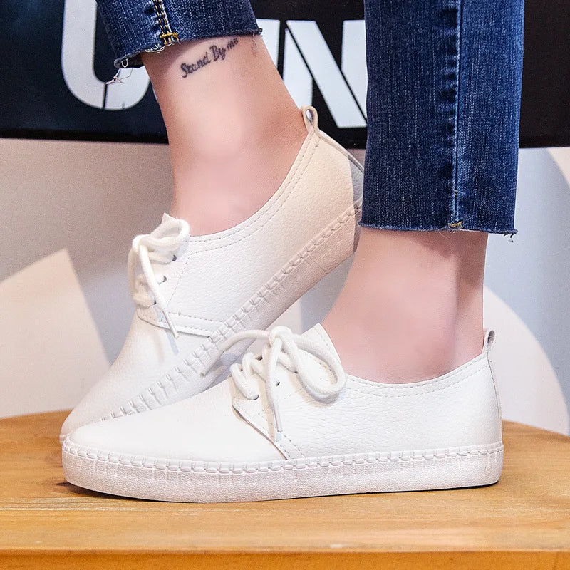 Women White Sneakers Solid Color Basic Style All Match Lady Shoes Flat Heel Soft Leather Lace Up Good Quality Girls Shoe Black