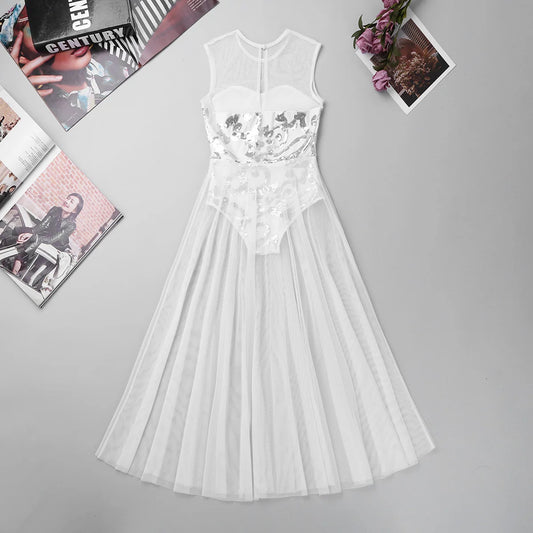 Kids Dance Dress Girls Floral Sequins Leotard Maxi Skirt Ballroom Ballet Dress Elegant Dancewear Modern Lyrical Dance Costume