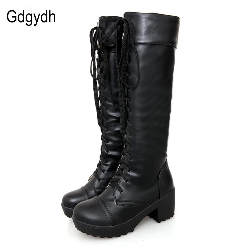 Gdgydh Kniehohe Lederstiefel - Gr.43, Quadratischer Absatz