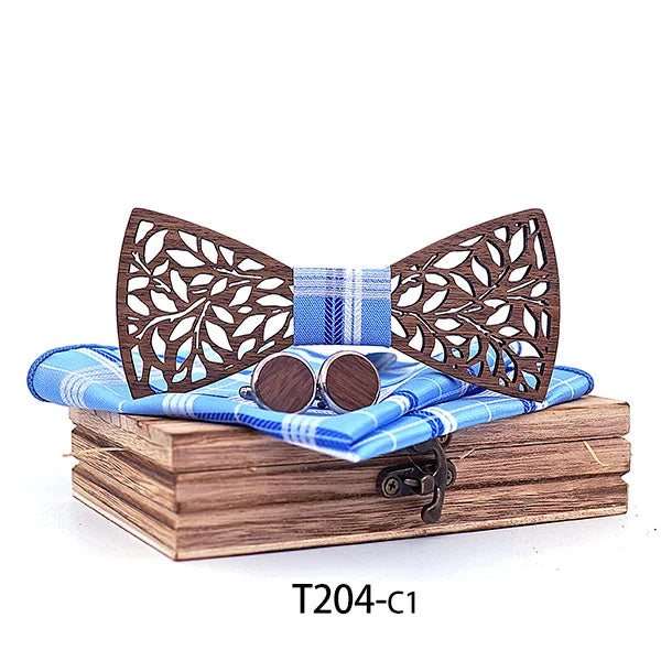 Mahoosive Fashion Mens Handmade handkerchiefs Wood and Cufflinks Wooden Bow Tie Pre-tied Bowtie For Wedding Party Wood Gift Box