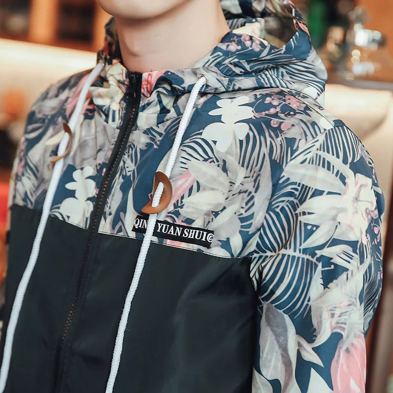 Windbreaker Jackets Mens Hooded Jacket Sportswear Bomber Jacket Fashion Light Weight Flowers Casual Mens jackets Coats Outwear