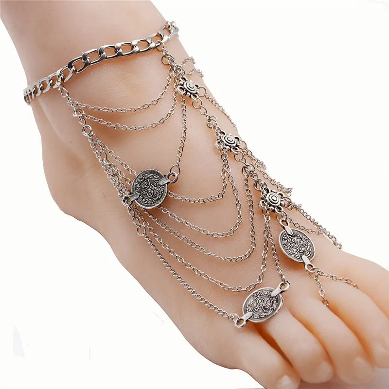 Modyle Neue Mode Sommer Sexy Silber Farbe Quaste Fußkettchen für Frauen Münze Anhänger Kette Knöchel Armband Fuß Schmuck