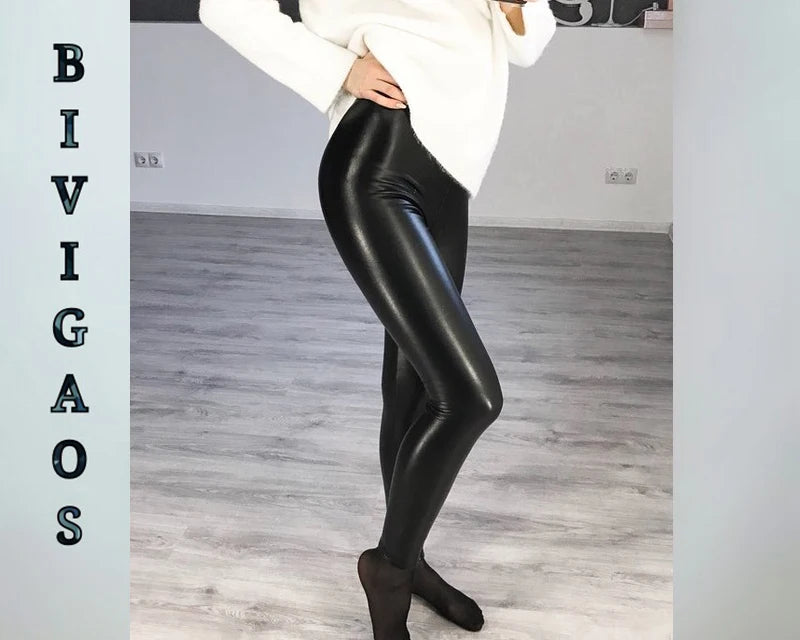 BIVIGAOS Mode PU-Leder Leggings - Hohe Taille, Fleece, S-XL