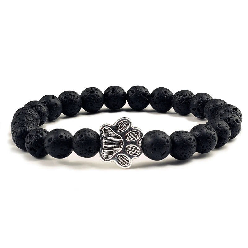Natürlich Matt Schwarz Lava Vulkanstein: Reliatonny Pfoten Druck Armband Homme Femme - Haustier Gedenkstätte Katze Hund Liebhaber Schmuck Unisex Strand