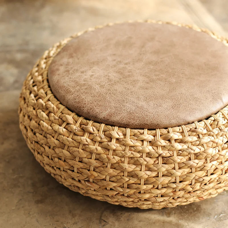 Modern Knitted Round Pouf Ottoman Stool W/PU Leather Seat Pad Floor Yoga Meditation Cushion Straw Rusitc Tatami Pouf Furniture