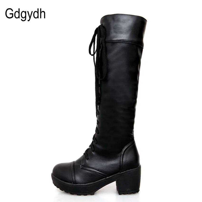 Gdgydh Kniehohe Lederstiefel - Gr.43, Quadratischer Absatz